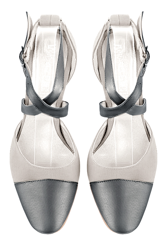 Dove grey women's open side shoes, with crossed straps. Round toe. Medium comma heels. Top view - Florence KOOIJMAN